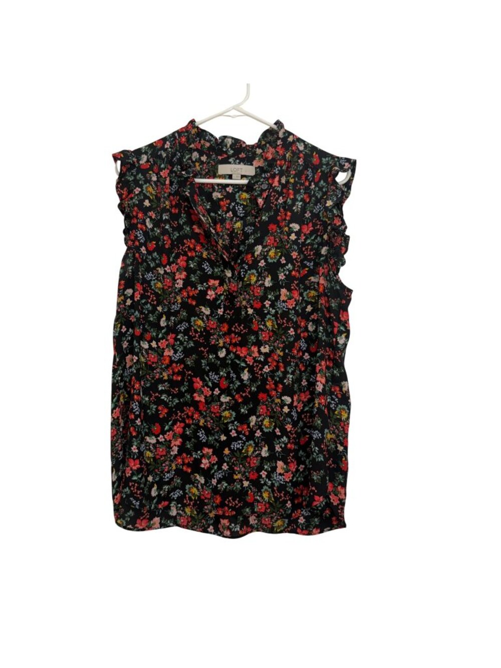 LOFT Floral Women L Sleeveless Ruffled Shoulders Lightweight Vibrant Multi-Color